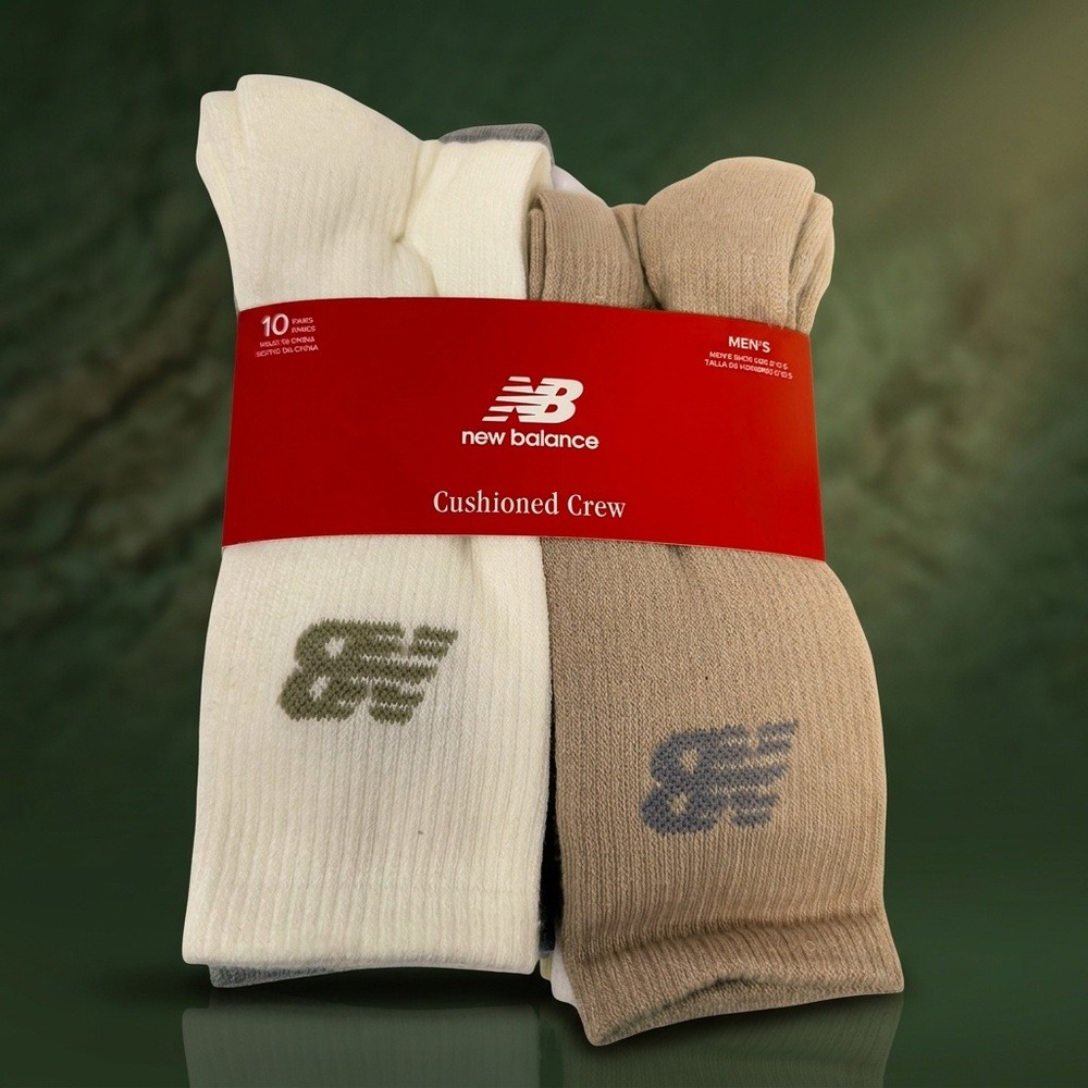 New Balance Mens Cushioned Crew Socks 10 Pair Size 8-12.5 White Gray Tan NWT